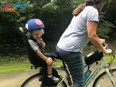 In motion... cycling with my toddler in a rear child bike seat.