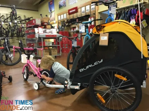 My son exploring the Burley bicycle trailer.