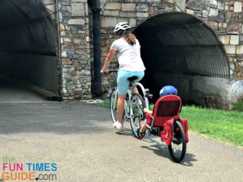 Cycling with my toddler in a Weehoo trailer. photo by Candida at TheFunTimesGuide.com Cycling with my toddler