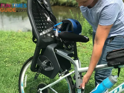 Thule Yepp Maxi rear child bike seat mounted to the frame of the bike - on the seatpost